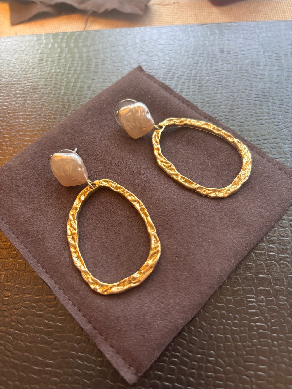 Gold Hoop Drop Earrings with Pearl Ivory Studs - Women Jewelry